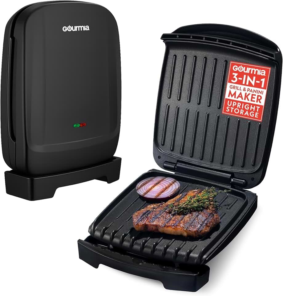 Gourmia Indoor Grill & Panini Maker – 4 Serving Contact or Open Grill, Nonstick Ceramic, Preheat Indicator Light, Slope Design with Removable Dishwasher Safe Drip Tray
