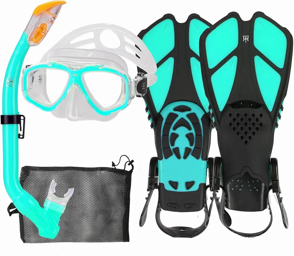 Kids Mask Fins Snorkel Set Snorkeling Packages, with Diving Mask, Snorkel, Adjustable Swim Fins, Mesh Bag, Anti-Fog Anti-Leak Snorkeling Gear for Kids for Snorkeling Swimming Diving