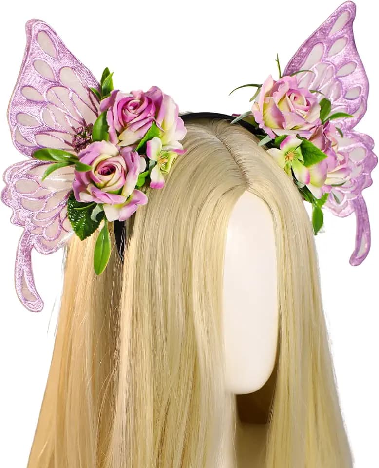 MOSTORY Purple Fairy Wings Headband - Butterfly Flower Headband Woodland Headpiece Floral Hairband for Princess Fairy Costume Women Renaissance Ren Faire Halloween Elf Cosplay Photo Shoot