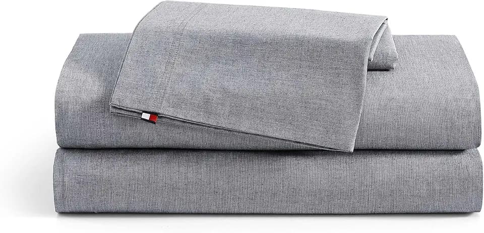 Tommy Hilfiger - Queen Sheet Set, Cotton Chambray Bedding with Matching Pillowcase, Lightweight Weave, Subtle Textured Bed Sheets (Navy)