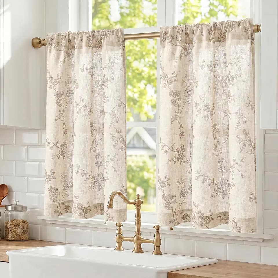 Lazzzy Taupe Vintage Floral Linen Curtains Farmhouse 26W X 36L 2 Panels