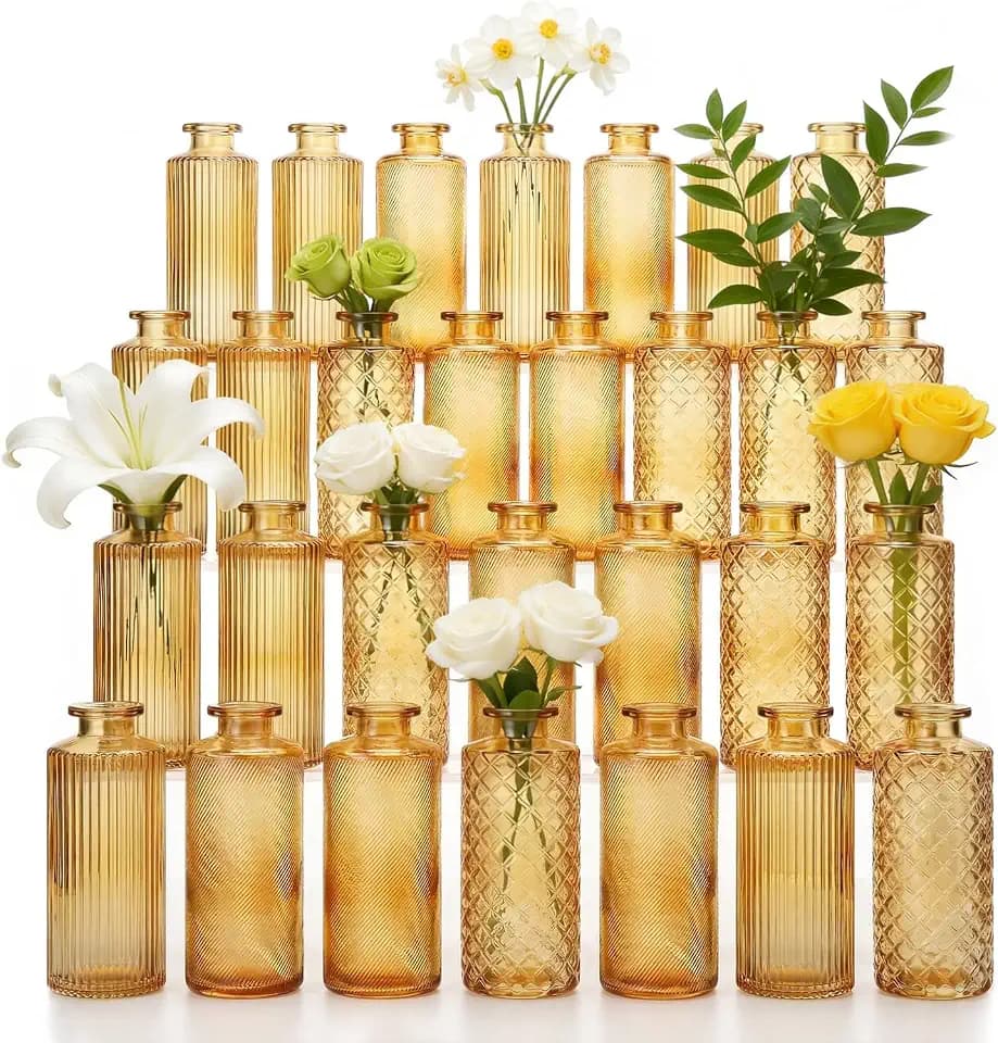 Glass Bud Vases Set of 30, Small Gold Amber Flower Vases Bulk