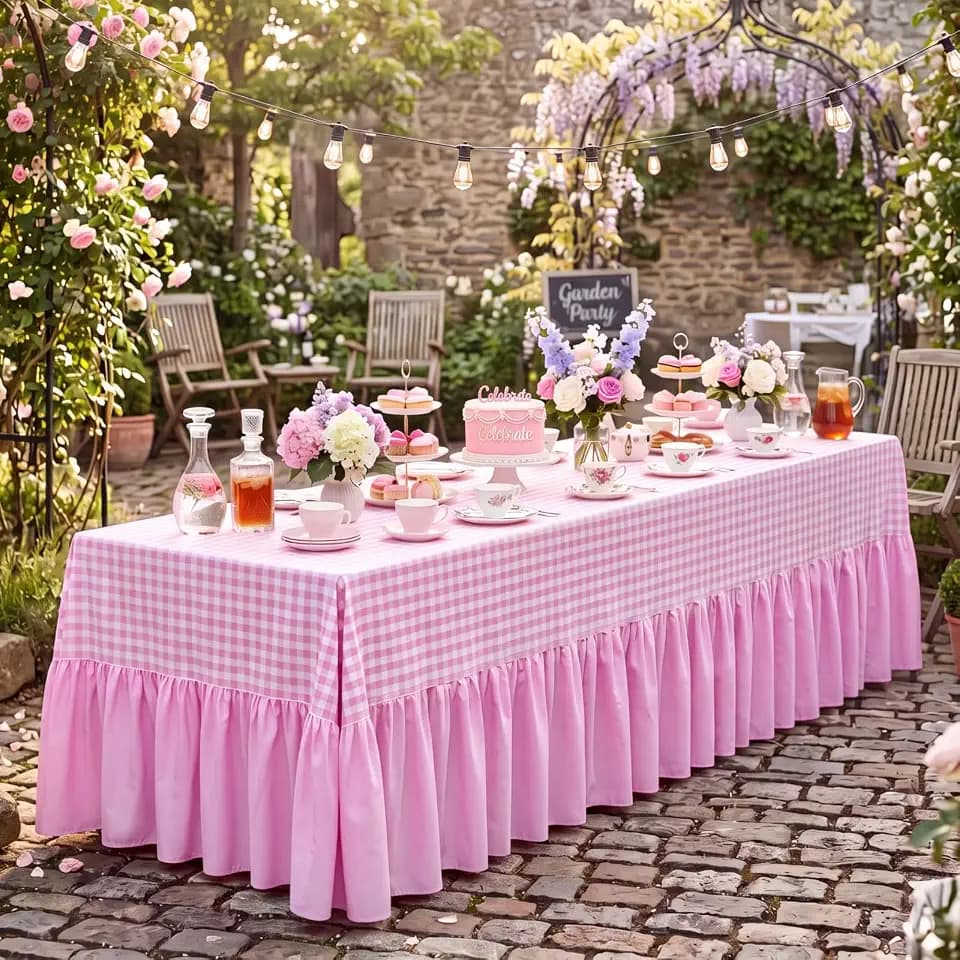 Pink Gingham Gingham Ruffle Tablecloth Checkered, 132 x 90''