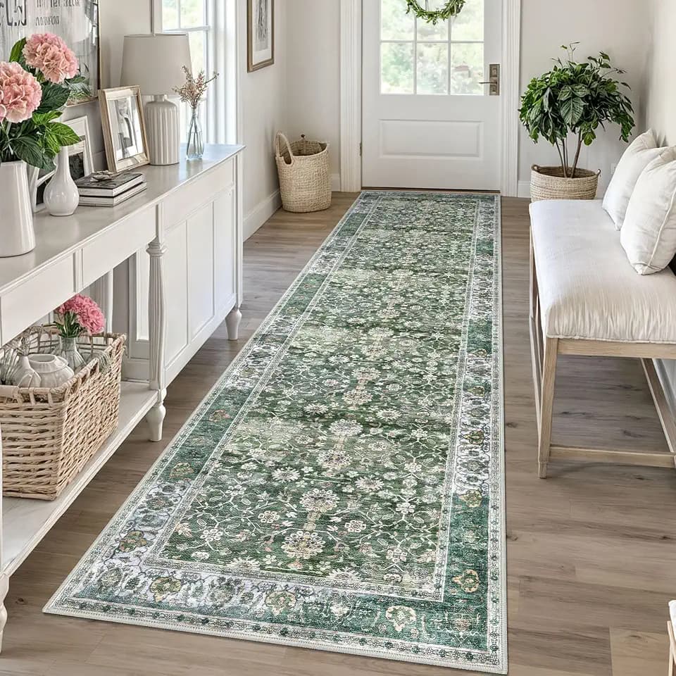 KUTA Vintage Washable Runner Rug 2.6x10 Green Runners for Hallways