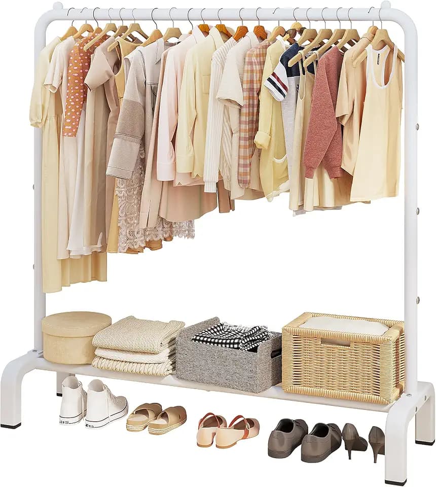 JIUYOTREE Metal Clothing Rack, 43.3 Inches Clothes Garment Coat Rack with Bottom Shelf for Hanging Skirts, Shirts, Sweaters, White