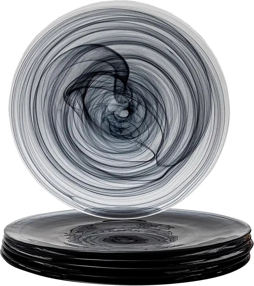 Vikko Dinner Plates, Set of 6 Black Alabaster Plates, 11" Plate with Marbelized, Swirl Design, Elegant Glass Plate, Dishwasher Safe