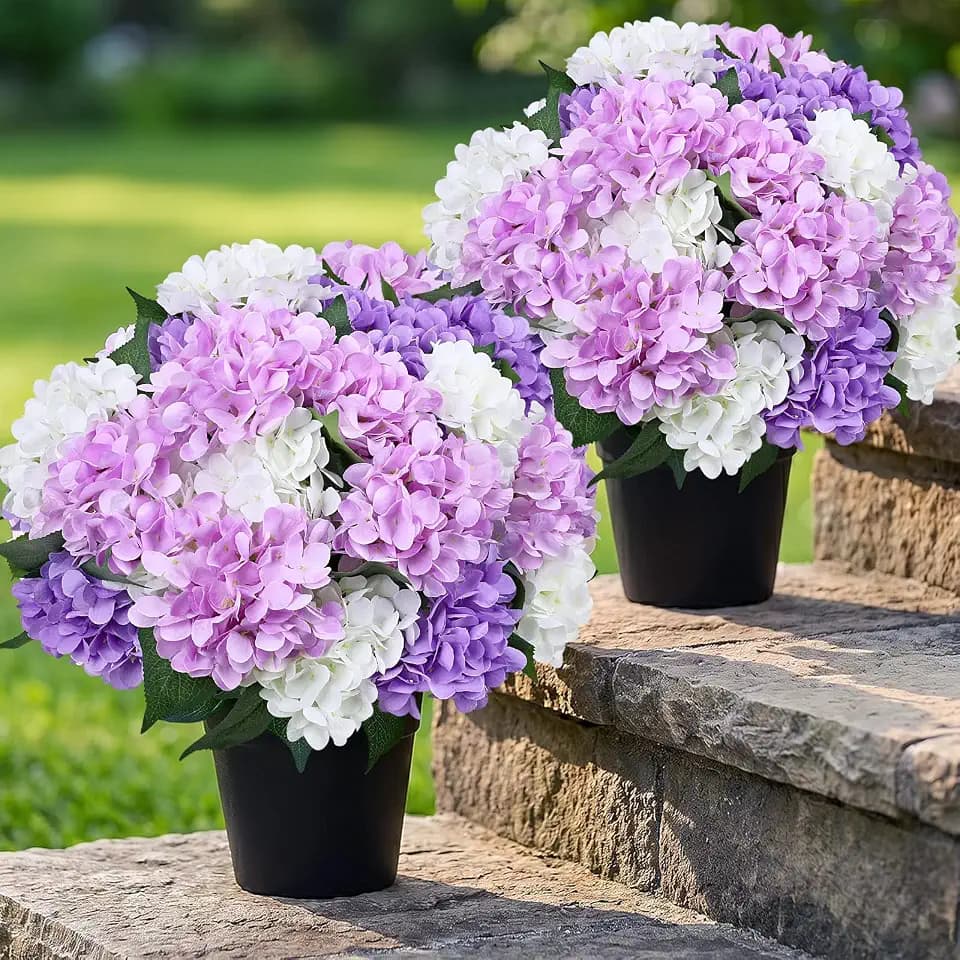 2 Pack Faux Outdoor Potted Hydrangeas, 16'' Pre-Potted Bush