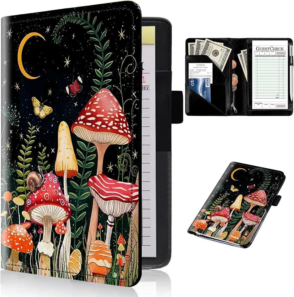 Server Book for Waitress with Zipper Pocket - Butterflies and Mushroom Waitress Book Leather Booklet Waiter Money Organizer Wallet, Restaurant Guest Check Book Holder Presenter Fit Server Aprons