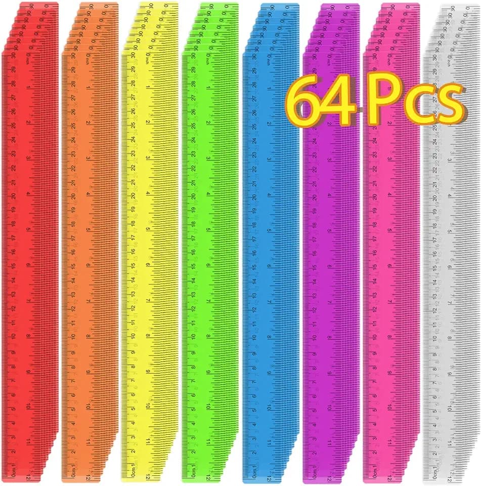 64 Pack Plastic Ruler 12 Inch in Bulk, Plastic Rulers in Assorted Colors, Clear Ruler with Inches and Centimeters, Transparent Rulers Bulk for Kids Back to School, Classroom, Office, Home Supplies