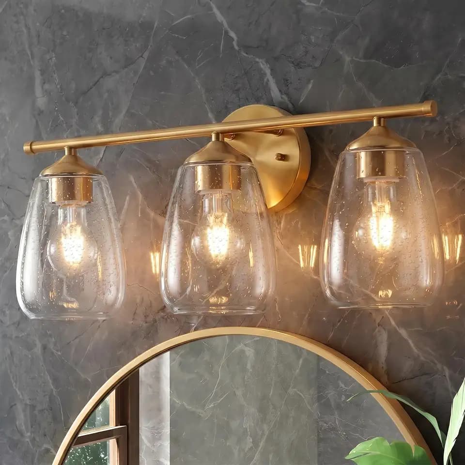 Tribesigns 3-Light Gold Bathroom Light Fixtures, Modern Wall Lights with Clear Glass Shades, Bathroom Vanity Gold Wall Sconce Lamp for Mirror Bedroom Living Room Hallway Cabinet (E26 Base)