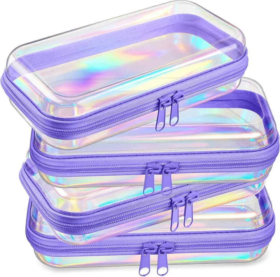 Hoolerry 4 Pcs Hard Clear Zipper Case, Laser, 7.5 x 3.9 x 2 in, Purple