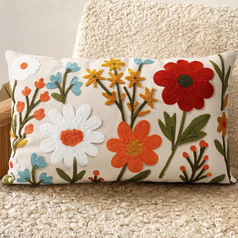 Embroidered Lumbar Pillow Cover 20x12 Inch, Flower Cluster