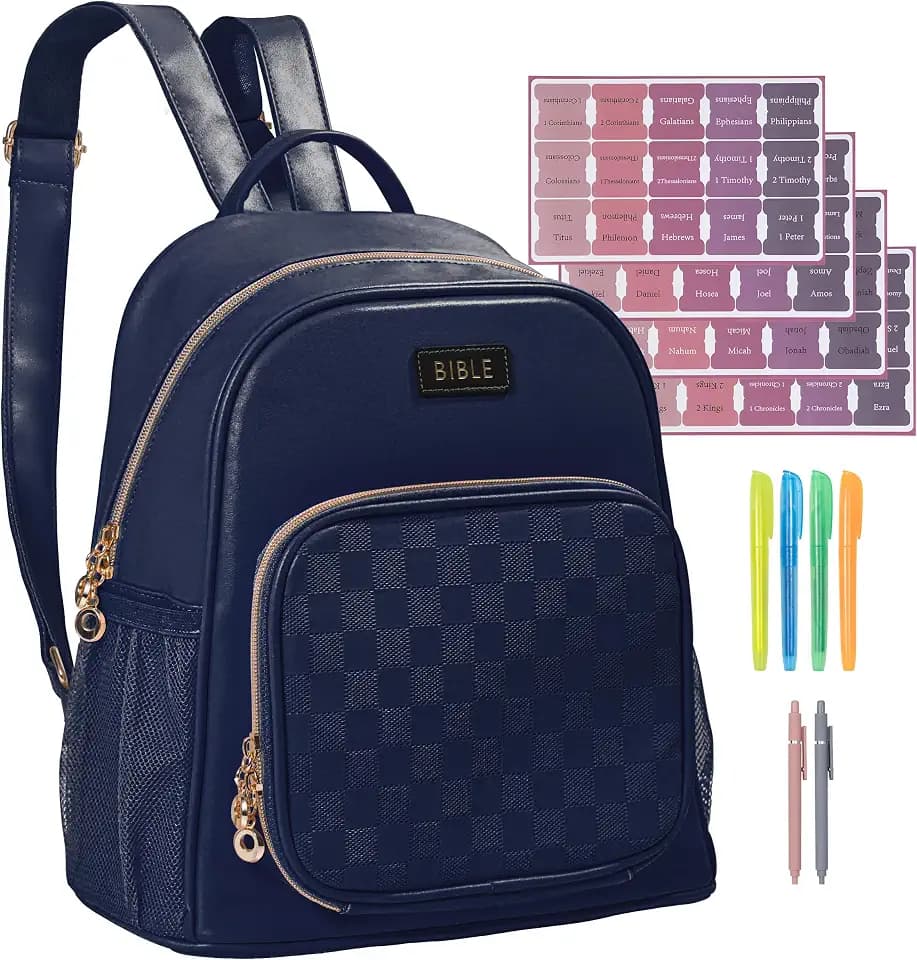 Premium Bible Backpack Set for Women - Stylish Checkered PU Leather Bible Bag with 72 Bible Tabs, 4 Highlighters & 2 Pens - Ideal for Church, Study & Travel