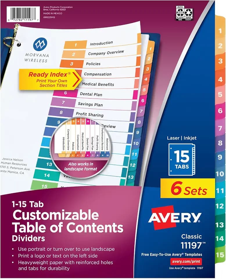 Avery Ready Index Table of Contents Dividers, 15-Tab, Color, 6 Sets