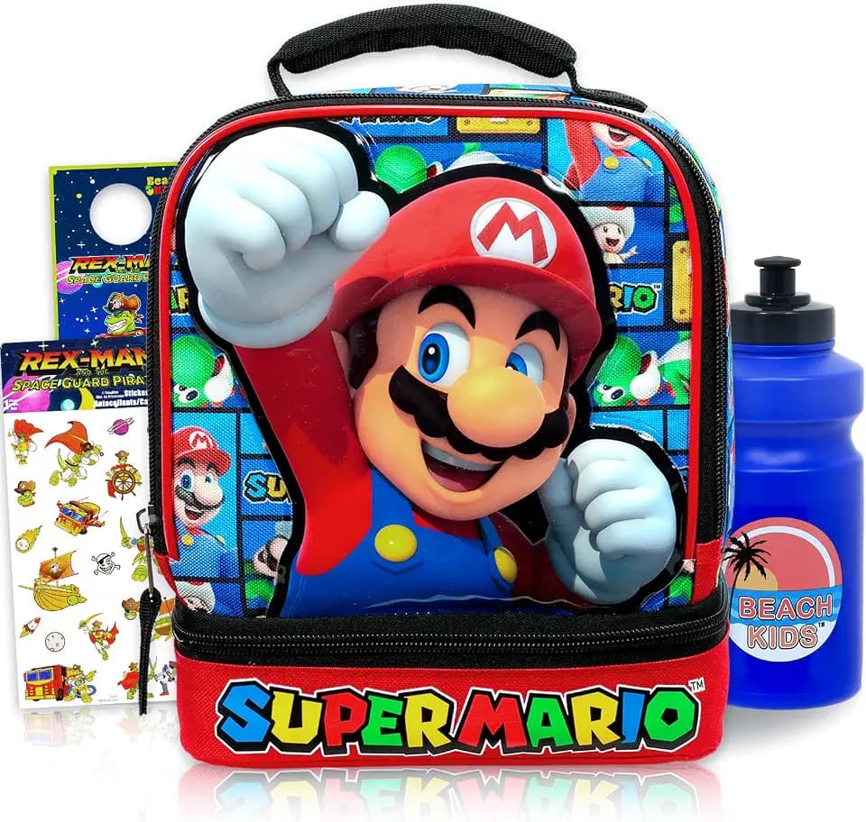 Super Mario Lunch Box for Boys Bundle w/Insulated Lunch Bag + More