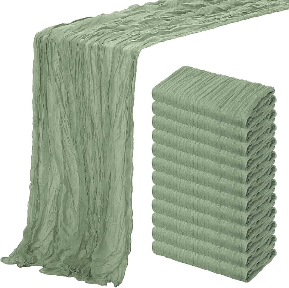 Aktor 12 Pack Sage Green Cheesecloth Table Runner 10Ft Gauze Table Runner Boho Semi Sheer Cheese Cloth Fabric Runners for Wedding Birthday Baby Shower Party Table Decoration(Sage Green)