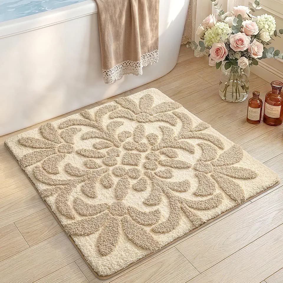 DEXI Floral Bathroom Rugs Non Slip Washable, Square Bath Mat 31x31, Beige