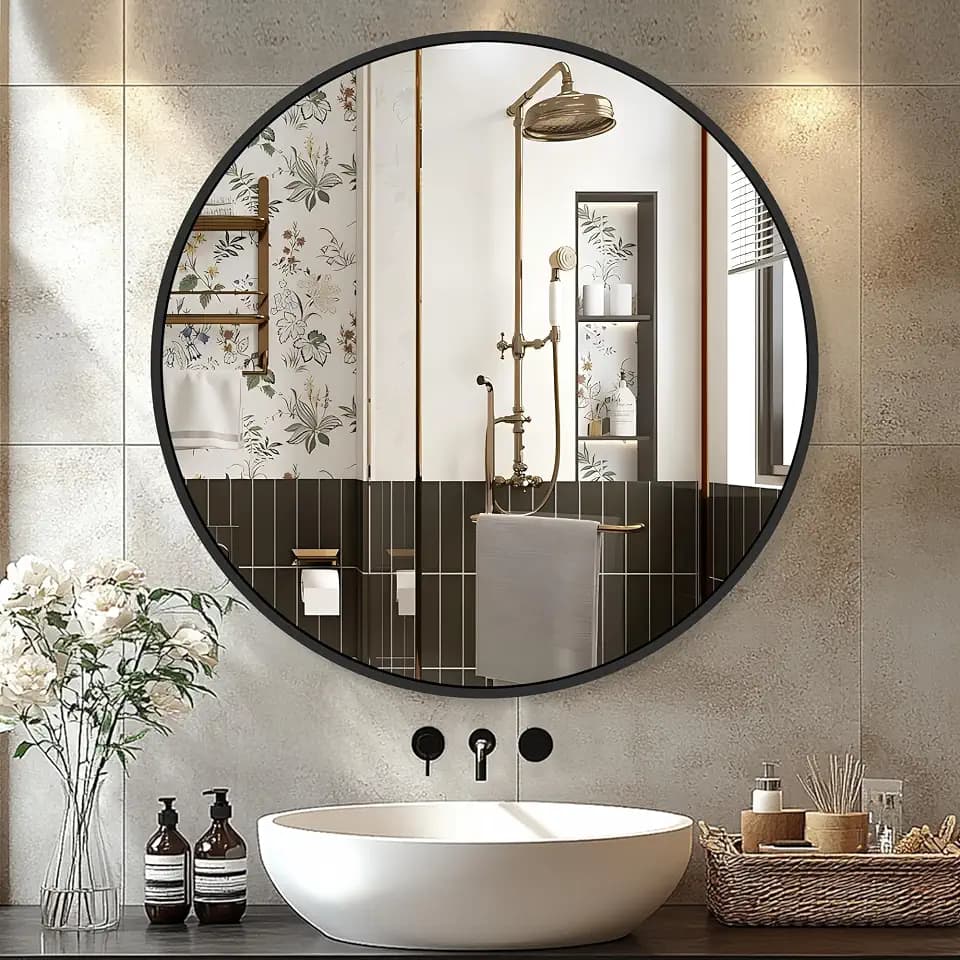 Delma 22 Inch Black Round Circle Mirror for Bathroom Wall, Metal Frame