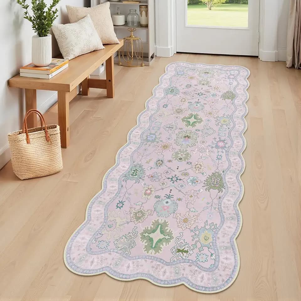 Scalloped Oushak Pink 2x6 Runner Rug, Machine Washable Non Slip Vintage Hallway Runner Rug, Soft Low Pile Stain Resistant Carpet for Bedroom Kitchen Bathroom