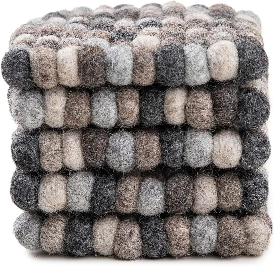 Square Felt Ball Coasters - Wool Table Coasters - Felt Coaster Pads, Absorbent Trivet for Drinks - Heat Resistant, Thick & Durable Hand Felted in Nepal by Woolygon- Multicolor - Set of 5