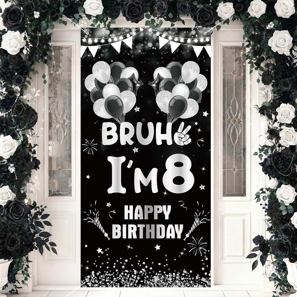 8th Birthday Door Cover Banner Decorations for Boys Black White Silver Bruh I'm 8 Birthday Backdrop 8 Year Old Bday Background for Kids 8th Birthday Party Decorations Supplies Decor Photo Props