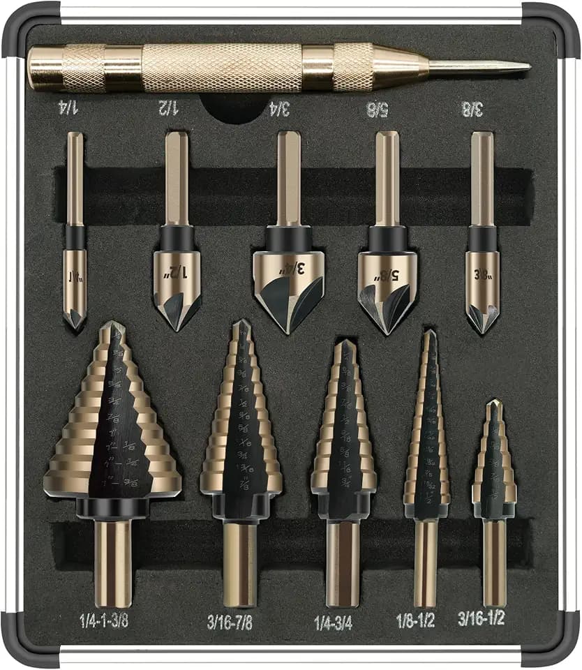 GMTOOLS 5Pcs Step Drill Bit & 5Pcs Countersink Drill Bit Set, Titanium Coated, 50 Sizes of Step Bit for Metal with Aluminum Case, Multiple Hole Stepped Up Bits for DIY