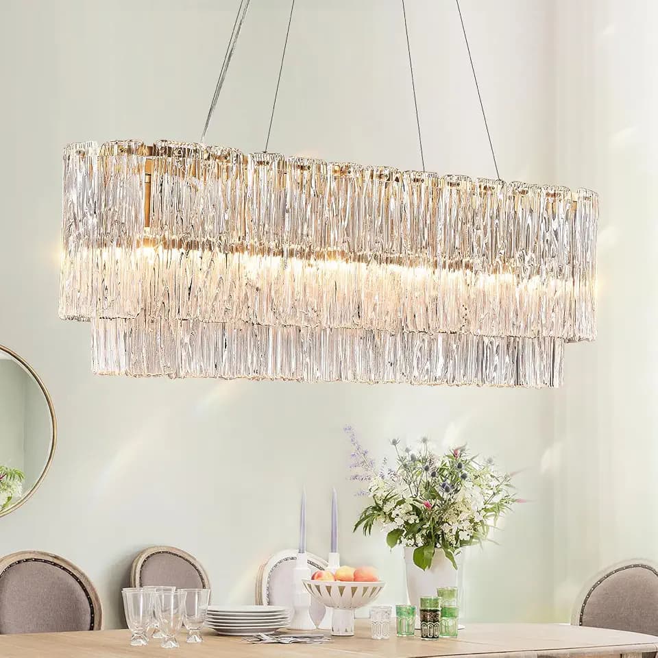CATINER 35.5" Rectangle Crystal Glass Chandelier 6-Light Gold Chandeliers
