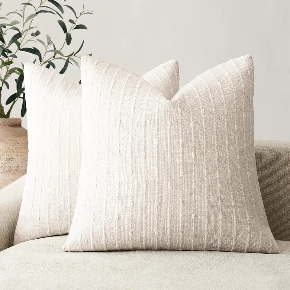 Foindtower Decorative Striped Boucle Throw Pillow Covers 22x22 Cream White