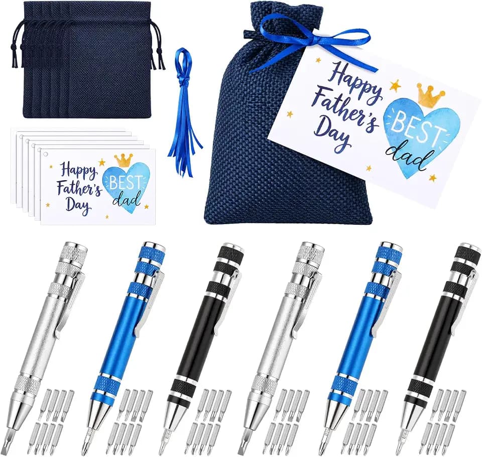 Potchen 6 Set Happy Father's Day Tools Gifts, Pen Screwdriver with Bags and Cards, 8 in 1 Multitool Pen Screwdriver Mini Portable Handy Tool for Repairing Installing Hand Tool