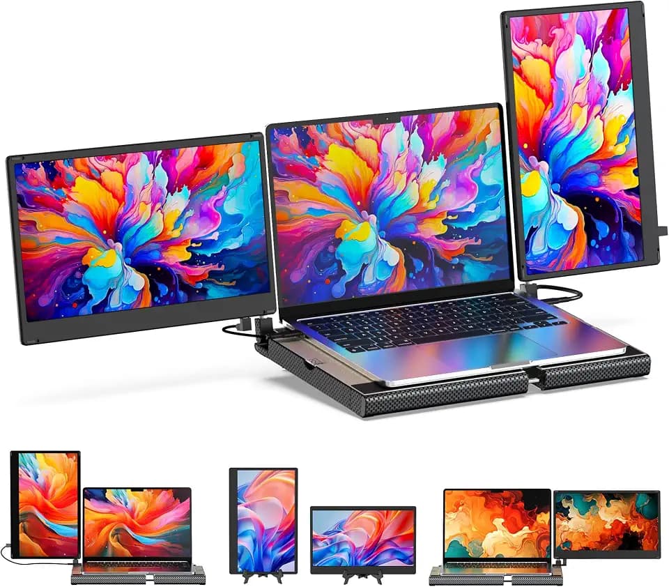SMISEACOW Tragbarer Monitor für Laptop - 360° Drehung F3 Dreifach Monitor Horizontal und Vertikal Mit Ständer 14 Zoll IPS FHD 1080P für PS5 Kompatibel Mit Windows/Mac/Mini PC