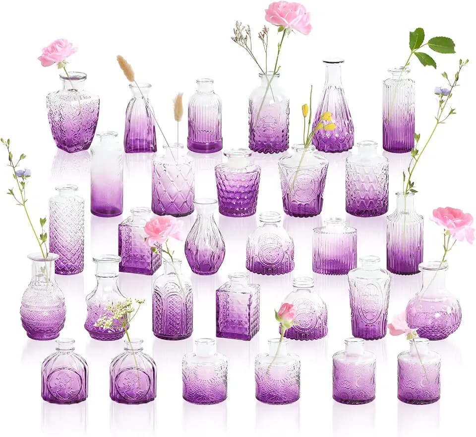 Mini Violet Purple Ombré Glass Bud Vases in Bulk 30, Vintage Embossed Small Flower Vase for Centerpieces, Wedding Decor, Party, Baby Shower, Bridal Shower, Home Table Decorative Tiny Vase Set