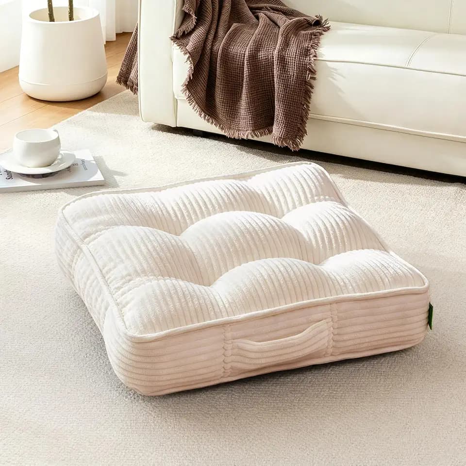 Meditation Floor Pillow, Square Large Pillows Seating for Adults, Tufted Corduroy Cushions for Yoga Reading Nook, Classroom and Living Room, Beige, 22x22 Inch