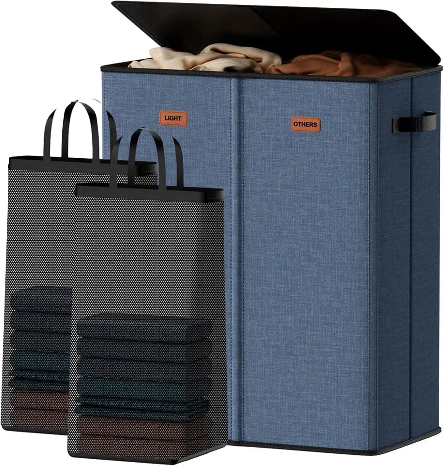 150L Laundry Hamper 2-Compartment with Lid, Large Clothes Hamper, Navy Blue