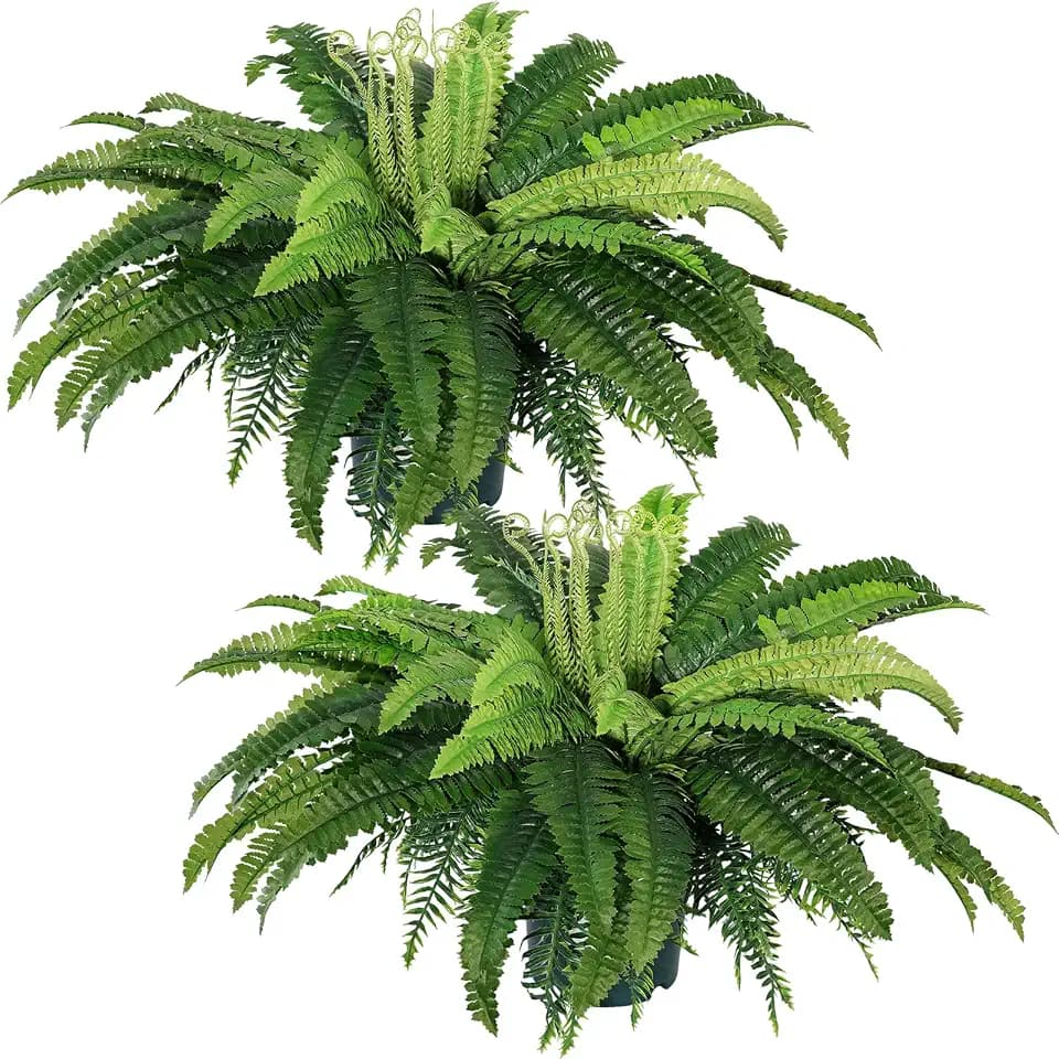 Artificial Boston Fern Bush, Large Faux Ferns with Realistic Green Fronds, Lifelike Hanging Fake Plants for Indoor Outdoor Home, Porch, Patio, and Office Decor (2, Green)