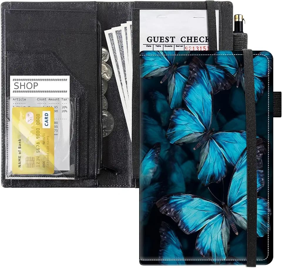 Server Books for Waitress with 11 Large Pockets, Waitstaff Server Order Pads, Leather Waitress Book Server Wallet with Elastic Band Fit Server Apron, Blue Butterflies