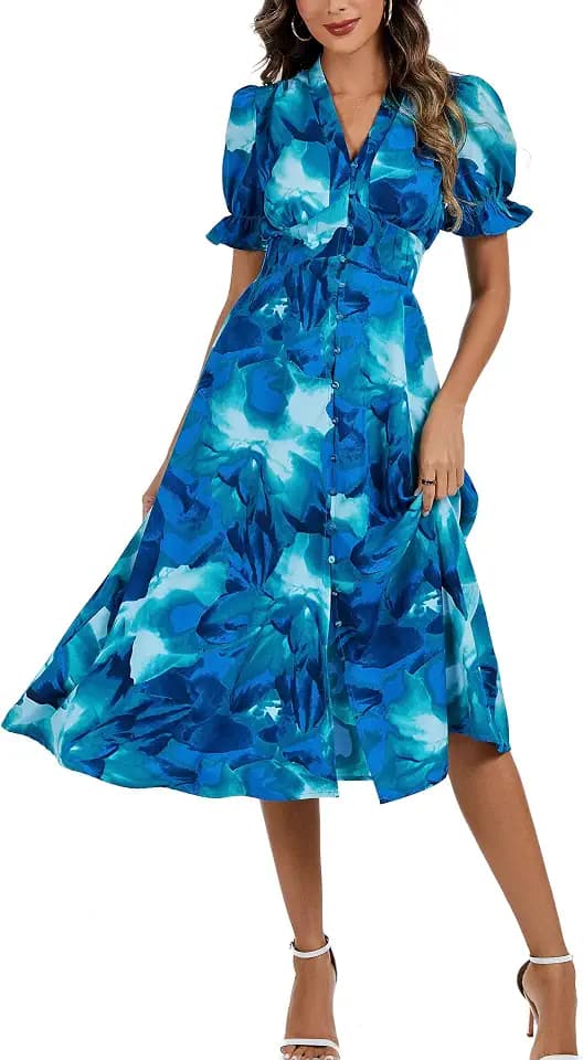 Kormei Women's Summer Floral Maxi Dress 2026 Short Sleeve V Neck Flowy Wedding Guest Beach Dresses with Pockets