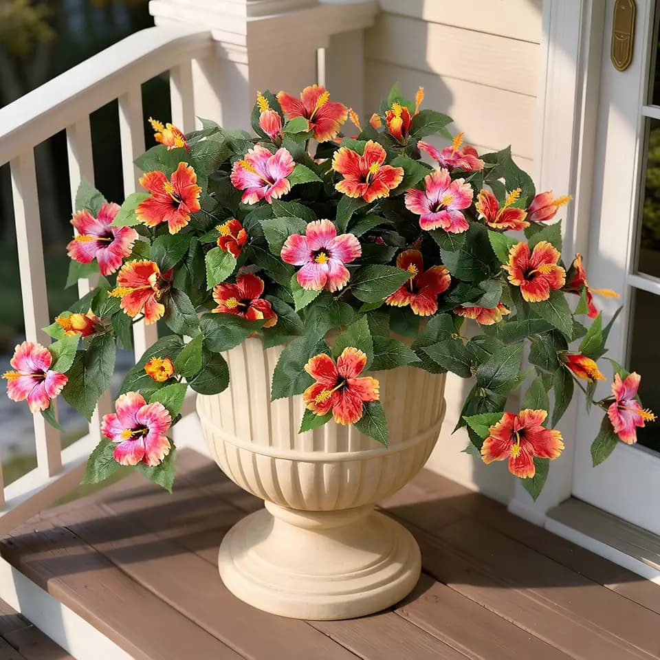 Hrobek Artificial Fake Flowers for Outdoors Decoration, 2PCS Faux Hibiscus Flowers for Outside Planters,Realistic Silk Plants with UV Resistant No Fade for Home Porch Garden Balcony Yard Decor