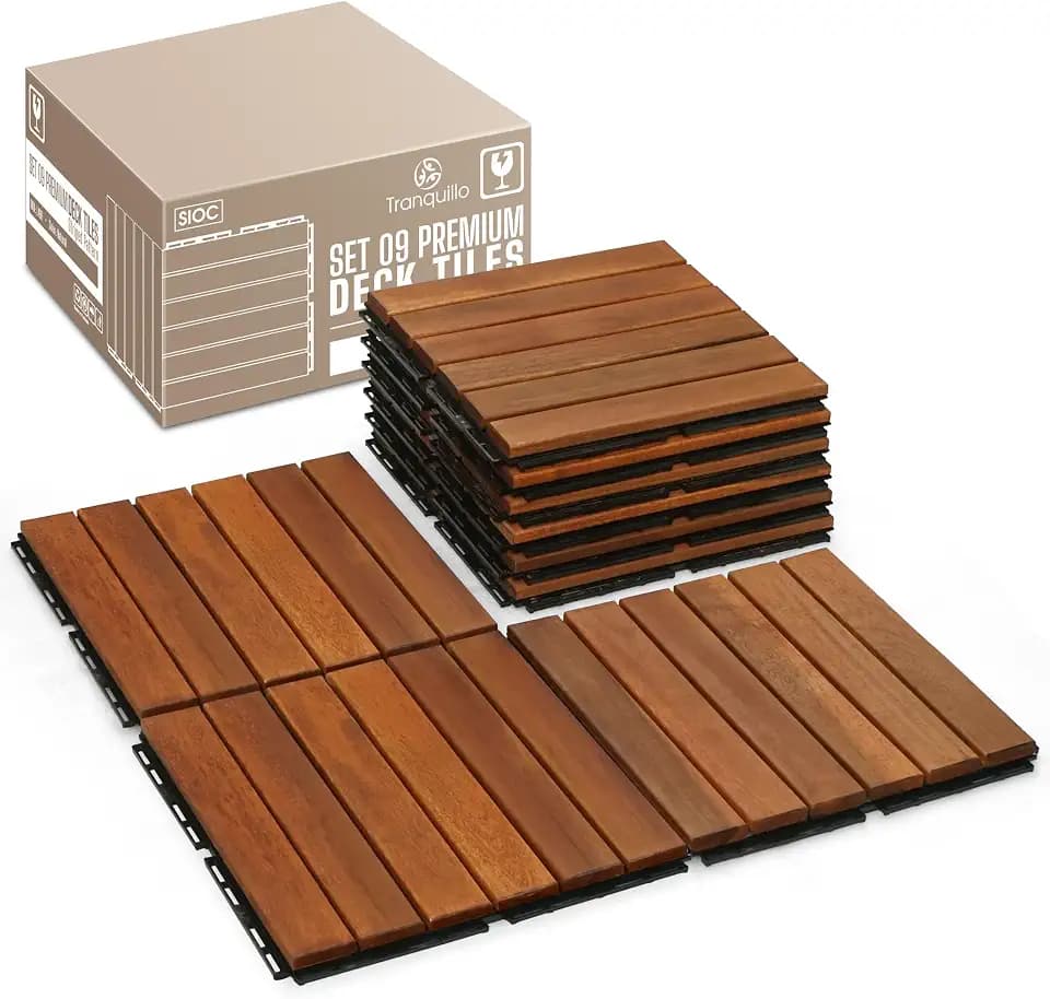 Acacia Wood Interlocking Deck Tiles, Waterproof Patio Tiles, 9 PCS- Natural