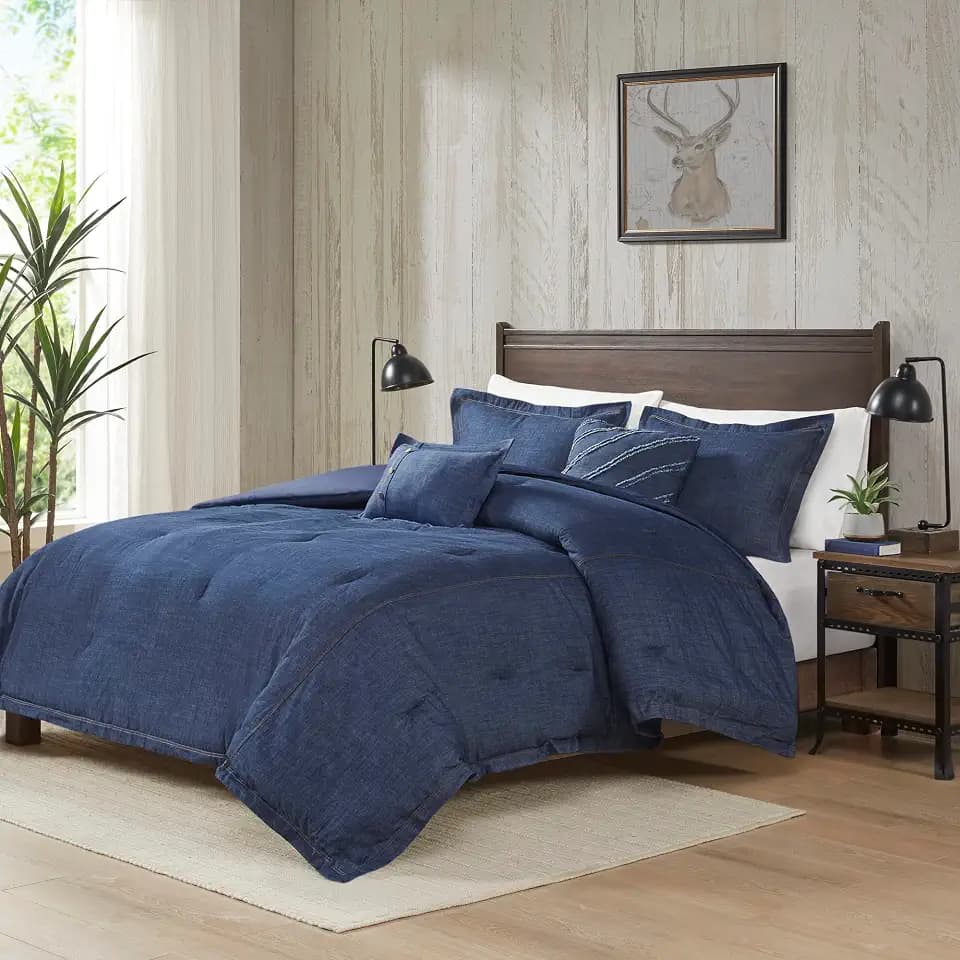 Woolrich Rustic Lodge Cabin Comforter Set - All Season Down Alternative Warm Bedding Layer and Matching Shams, Oversized Queen, Perry, Denim Blue