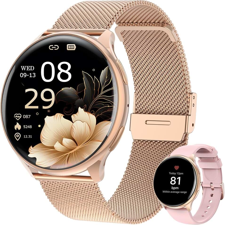 SLOKSFil Smartwatch Damen mit Telefonfunktion, 1.39" Smart Watch Rund mit SpO2, 24H Pulsuhr Blutdruck Schlafmonitor, Fitness Tracker 120+ Sportmodi Schrittzähler für iOS Android (Roségold)