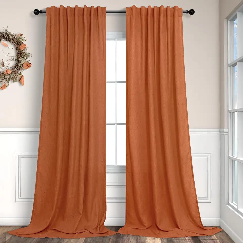 Pitalk Burnt Orange Curtains 84 Inch Length for Living Room 2 Panels Back Tab Pocket Flax Linen Blend Drapes Light Filtering Semi Sheer Boho Curtain for Bedroom Bohemian Farmhouse Rust Copper Brown