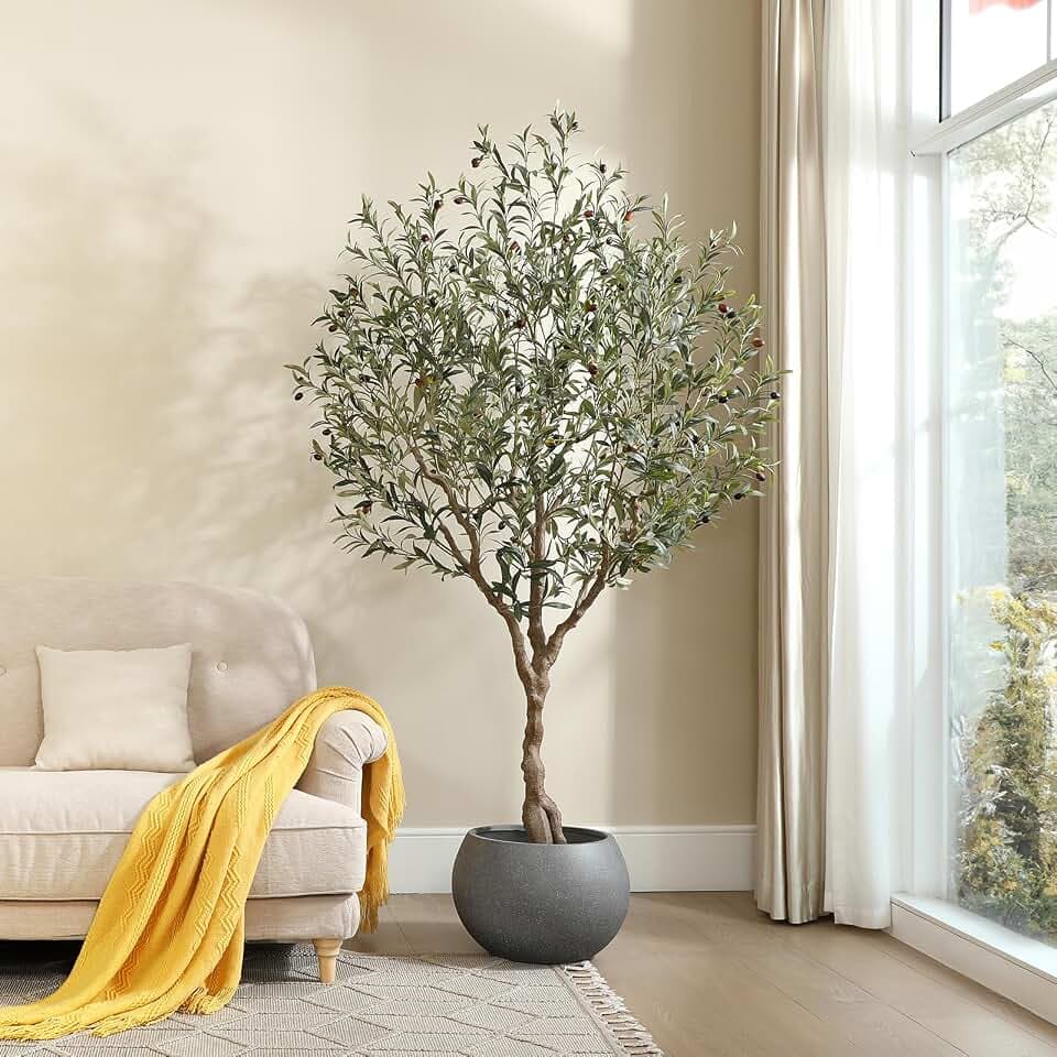 LOMANTO Olive Trees Artificial Indoor,7.1Ft Tall Fake Tree in Black Pot