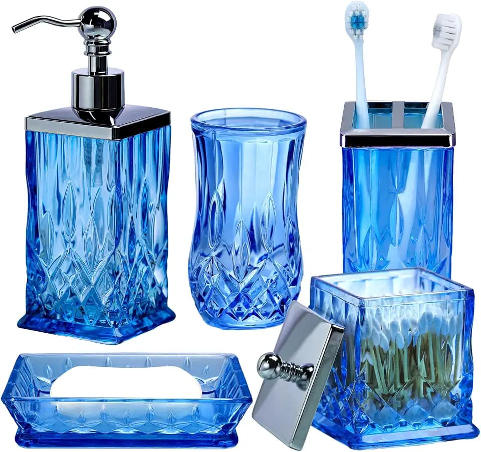 Blue Bathroom Accessories, Square Thick Glass & Metal Pump