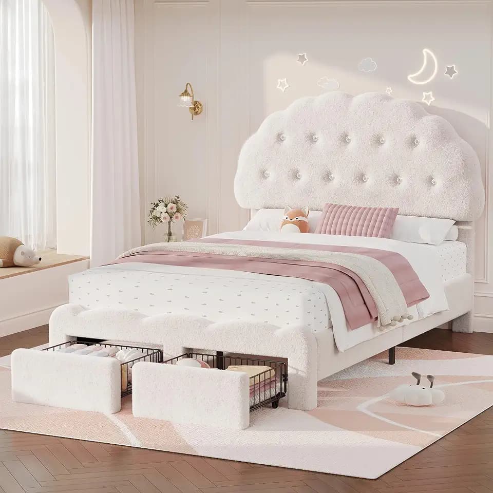 Decofy Full Bed Frame with 2 Storage Drawers, Cloud Cookie Full Size Upholstered Bed Frames with Adjustable Headboard and High Footboard, for Princess/Prince Bedroom, Teddy Fleece, White