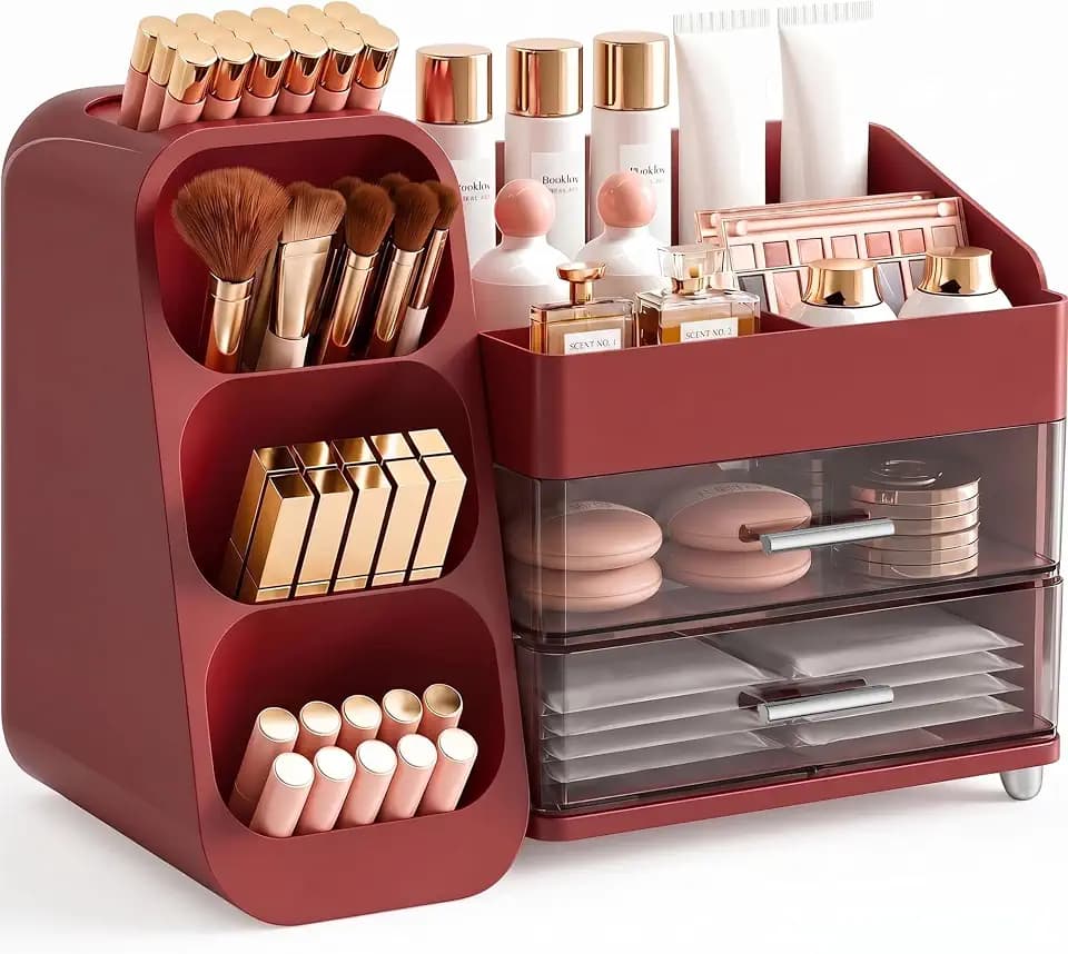 Booklov Large Makeup Organizer for Vanity Countertop, Red