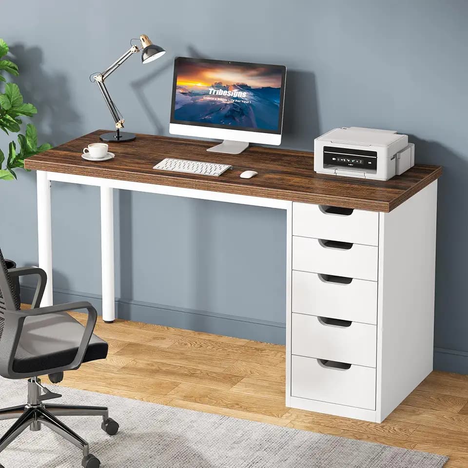 Tribesigns Computer Desk with 5 Drawers, 47 inches Rustic Brown Home Office Desk with Storage, Modern Simple Laptop Desk Study Writing Table for Small Spaces (Brown+White)