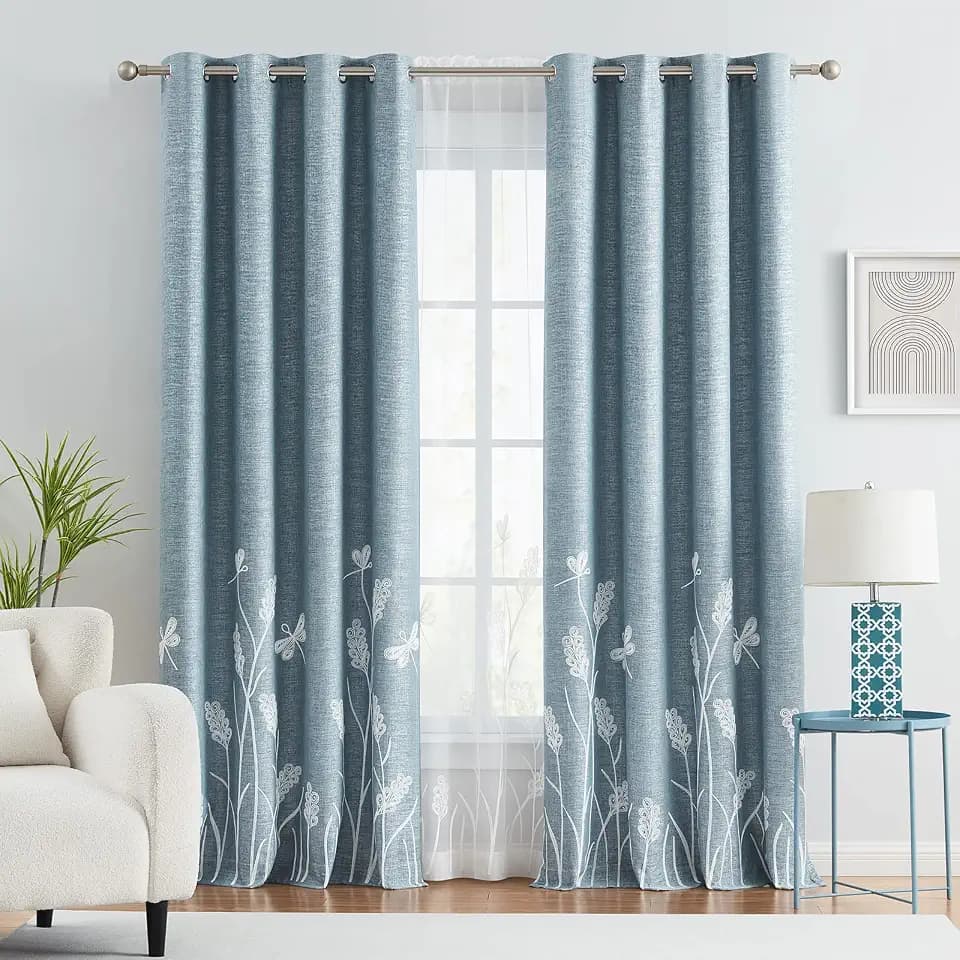 Melodieux Wheat Embroidery Linen Textured Curtains for Living Room Bedroom, Farmhouse Floral Patterned Room Darkening Vintage Grommet Window Drapes, White Wheat/Blue, 52" W x 96" L, 2 Panels