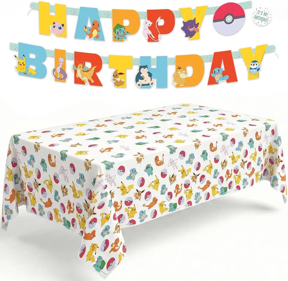 Pokemon Birthday Banner and Pokemon Table Cloth - Birthday Decorations
