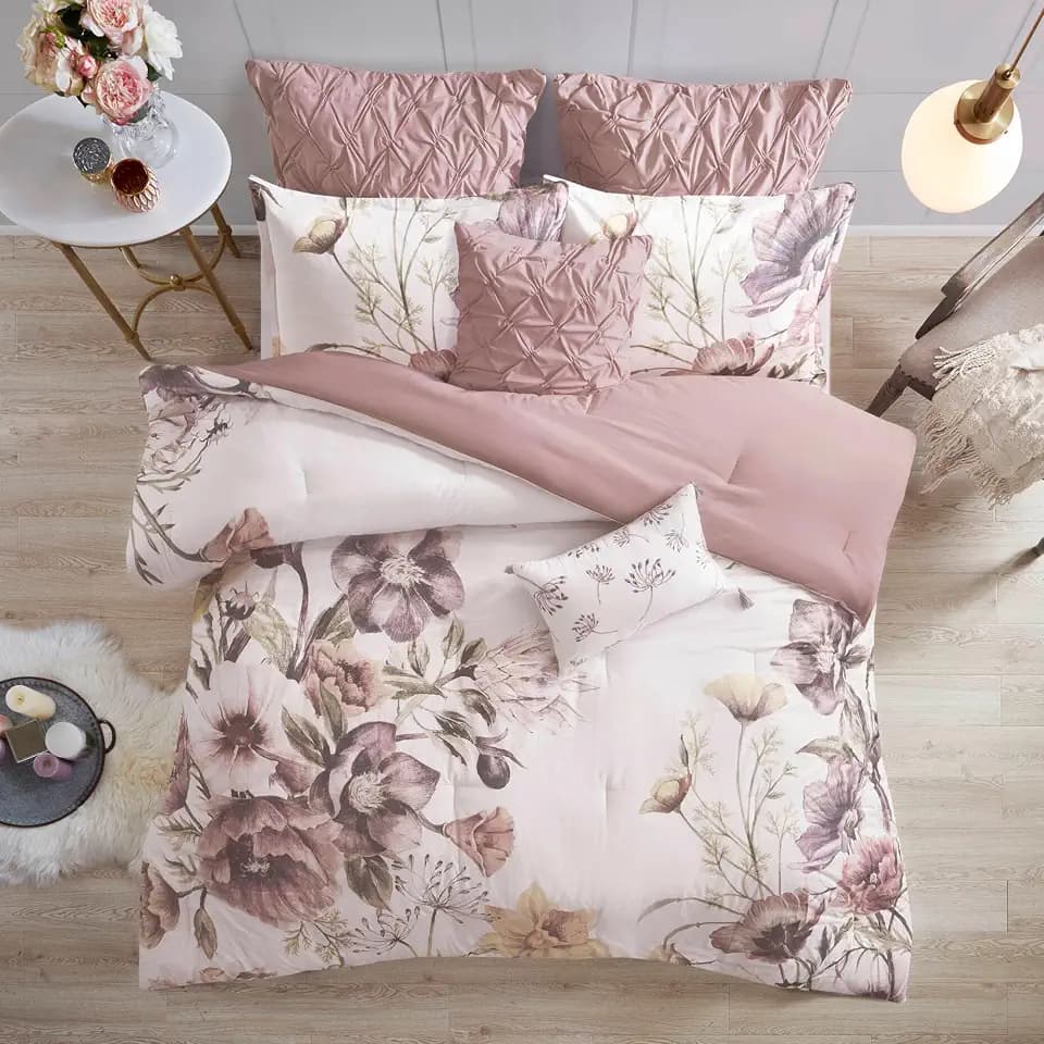 Madison Park Floral Cotton Shabby Chic Comforter Set, 8PC King Bedding Set