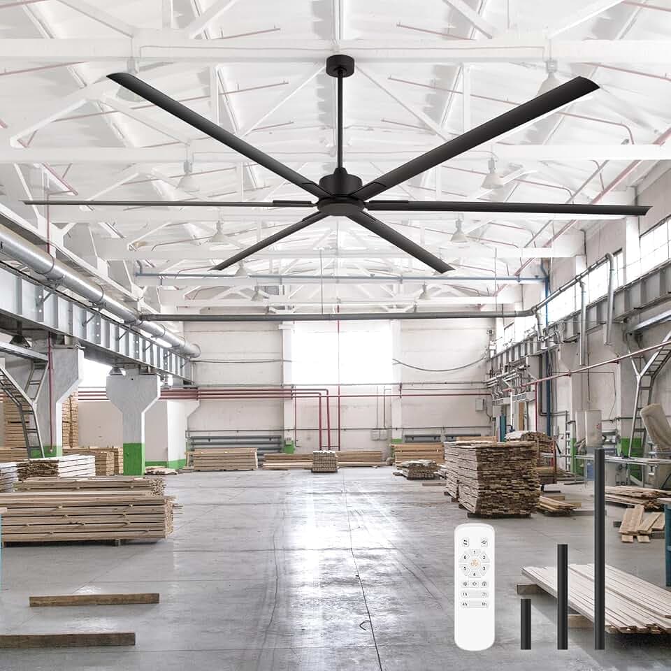 120 Inch Ceiling Fan No Lights Extra Large HVLS 10ft Industrial Black Ceiling Fan without Light for High Ceiling Ultra-Quiet DC Motor 6 Aluminum Blades for Commercial Use Garage Warehouse Gym